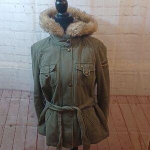Buffalo Y2K Women's Olive Green Army   Fur-Trimmed  Zip Off  Hoodie Jacket JL